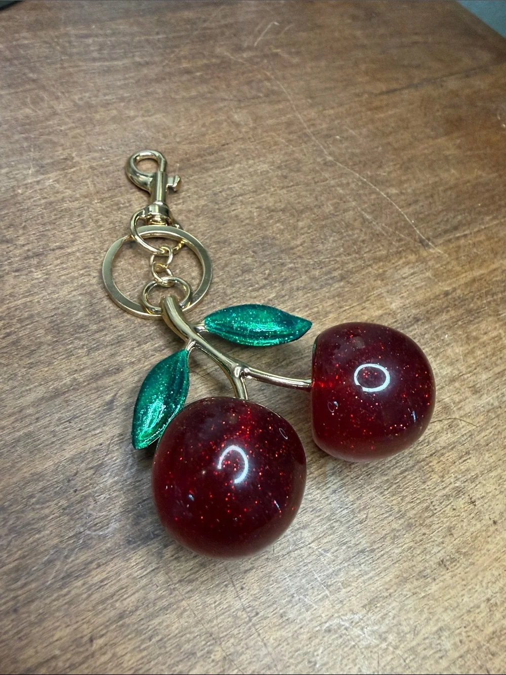 Red Cherry Keychain Bag Charm Green Glitter Leaves